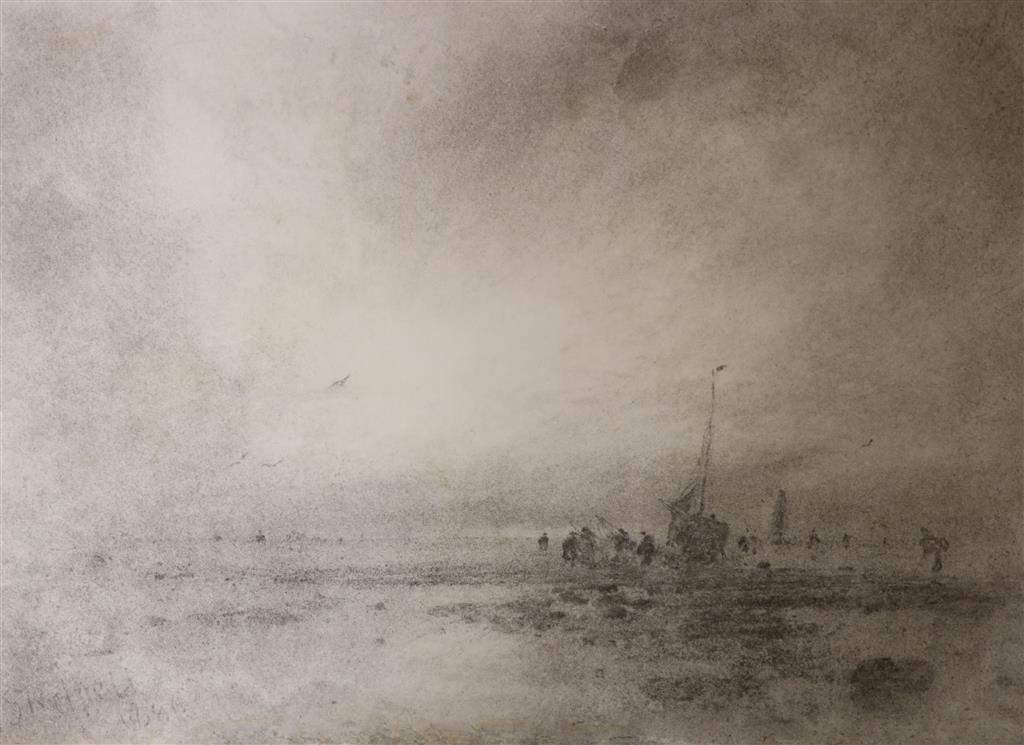 George Sheffield (1839-1892), charcoal on paper, Fisherfolk at low tide, signed and dated 1886, 36 x 50cm, unframed